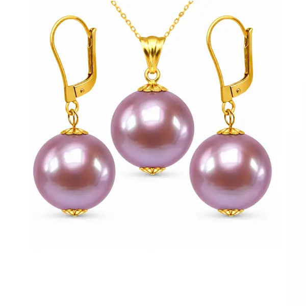 Set Perle Rare Edison, Lavanda, AAA - Colier E i Cercei Aur Galben 14K, Perle Naturale 12-12,5 mm KASKADDA