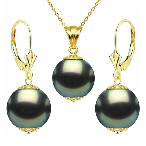 Set Perle Tahitiene Negre - Colier cu Pandantiv si Cercei, Aur Galben 14K, Perle Rotunde 10-11 mm, Calitate AAA KASKADDA