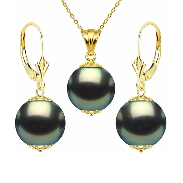 Set PerleNegre Tahitiene - Colier cu Pandantiv si Cercei, Aur Galben 14K, Perle Naturale 8-9 mm, Calitate AAA KASKADDA
