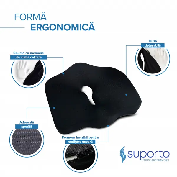 Set perna pentru sezut semi-colac si perna lombara confort Suporto negru
