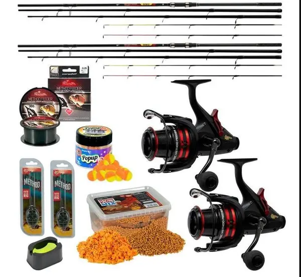 Set pescuit Benzar Classic Method Accesorii pescuit > Nada si momeli, 2 lansete de 3.6m cu 2 mulinete benzar si accesorii