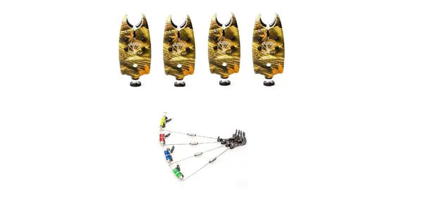 set pescuit cu 4 senzori cu baterii 9v incluse si 4 swingere cu led