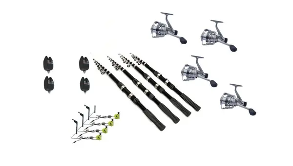 Set pescuit prokarpfishing cu 4 Lansete telescopice , 4 mulinete cu fir si 4 avertizori cu 4 swingere cu led