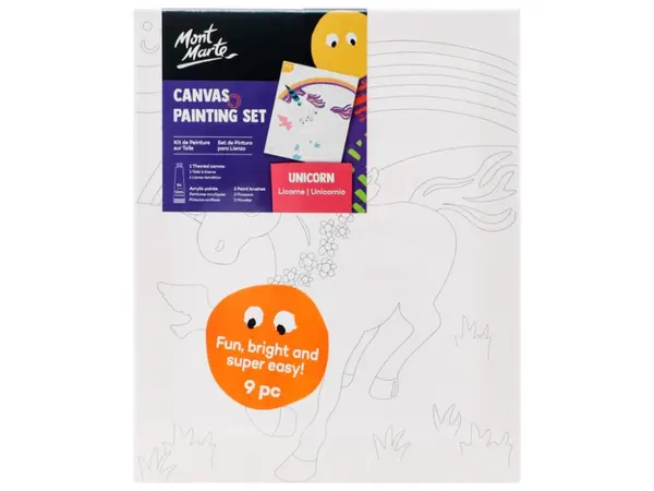 Set pictura pentru copii panza bumbac pretiparita 280 g m ² cu rama din lemn 30x25 cm, 2 pensule si culori acrilice ,tematica unicorn