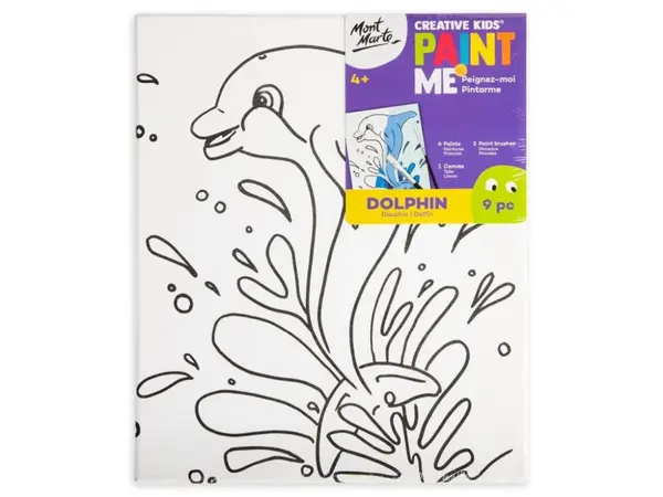 Set pictura pentru copii panza bumbac pretiparita 280 g m ² cu rama din lemn 30x25 cm, 2 pensule si culori acrilice ,tematica delfin
