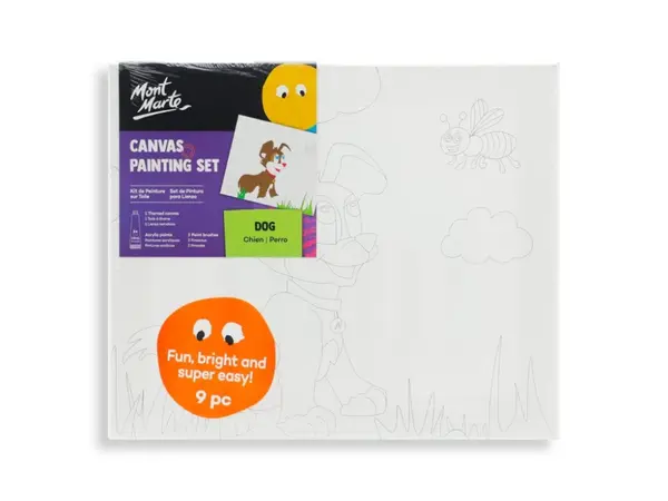 Set pictura pentru copii panza bumbac pretiparita 280 g m ² cu rama din lemn 30x25 cm, 2 pensule si culori acrilice ,tematica catel