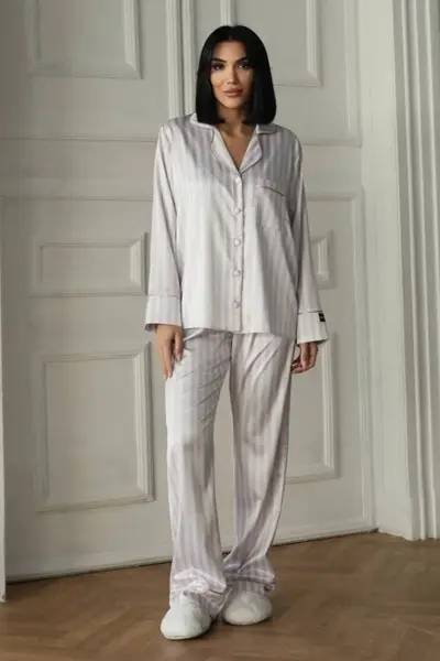 Set pijama dama din doua piese, cu nasturi – 2401656, Gri deschis