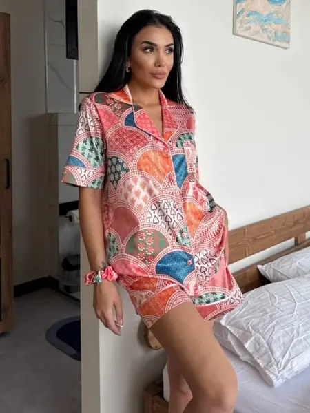 Set pijama dama din doua piese, cu nasturi – 2500153, Color Mosaic