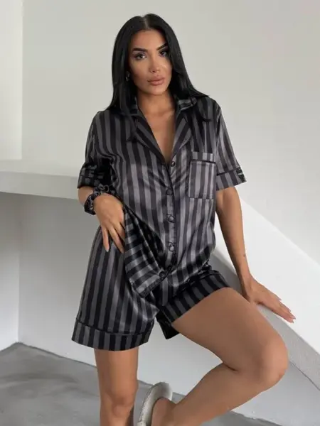 Set pijama dama din doua piese, cu nasturi – 2500156, Negru/Gri