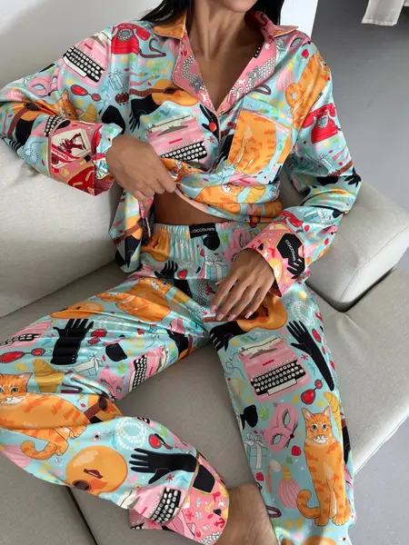 Set pijama dama din doua piese, cu nasturi – 2500261, Multicolor