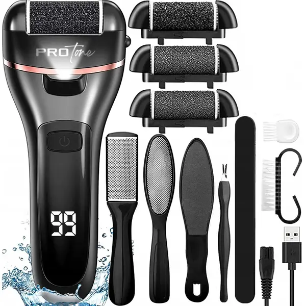 Set Pila electrica pentru talpi si calcaie PROtone, Display digital, Acumulator 1200 mAh, 2 viteze, 2000 rot min, 3 Capete incluse, LED lanterna,