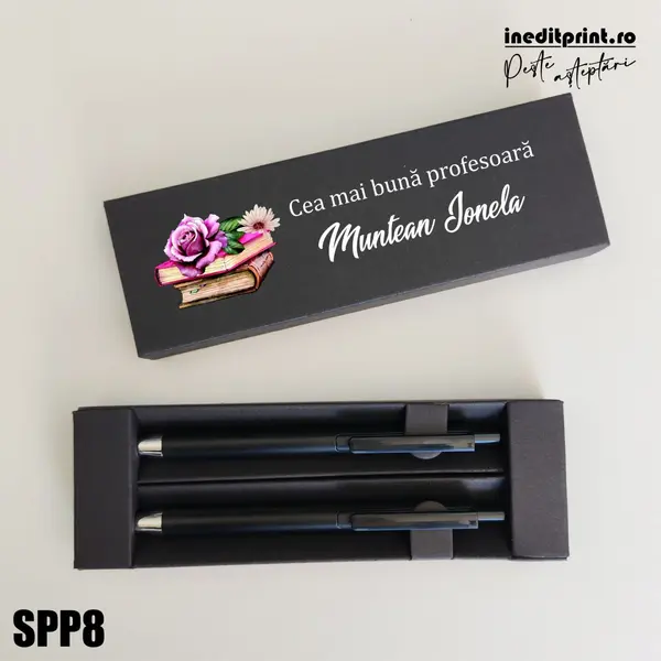 Set pixuri in cutie personalizata - profesori, Set 2 Pixuri Okonel-Negru SPP8 Set Pix + Creion Foract-Negru