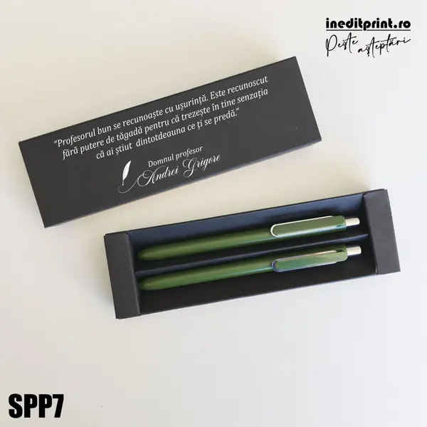 Set pixuri in cutie personalizata - profesori, Set 2 Pixuri Okonel-Negru SPP7 Set Pix + Creion Dayal-Verde inchis