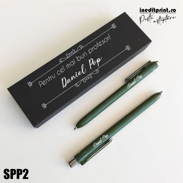 Set pixuri in cutie personalizata - profesori, Set 2 Pixuri Okonel-Negru SPP2 Set Pix + Creion Dayal-Verde inchis