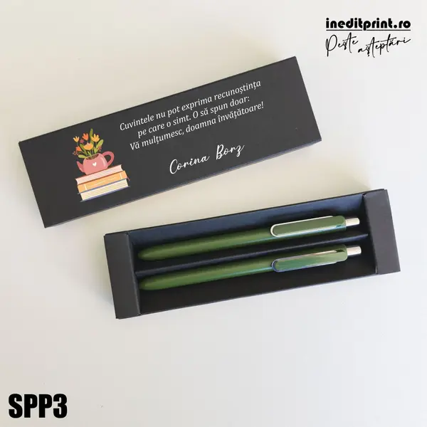 Set pixuri in cutie personalizata - profesori, Set 2 Pixuri Okonel-Negru SPP3 Set Pix + Creion Dayal-Verde inchis