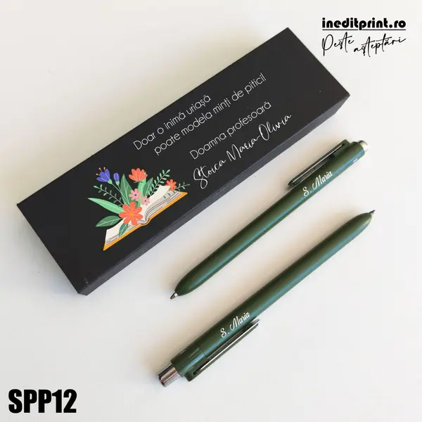 Set pixuri in cutie personalizata - profesori, Set 2 Pixuri Okonel-Negru SPP12 Set Pix + Creion Dayal-Verde inchis