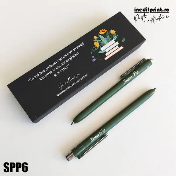 Set pixuri in cutie personalizata - profesori, Set 2 Pixuri Okonel-Negru SPP6 Set Pix + Creion Dayal-Verde inchis
