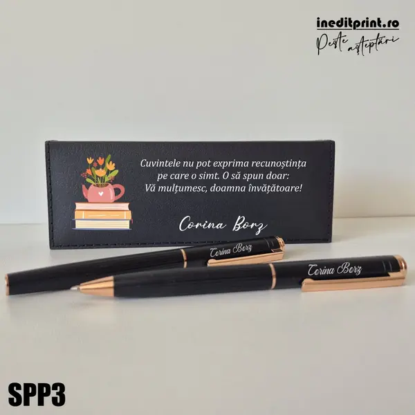 Set pixuri in cutie personalizata - profesori, Set 2 Pixuri Okonel-Negru SPP3 Set 2 Pixuri + Toc Blexa-Negru-Rose