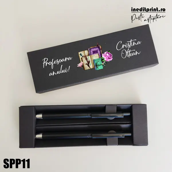 Set pixuri in cutie personalizata - profesori, Set 2 Pixuri Okonel-Negru SPP11 Set Pix + Creion Foract-Negru