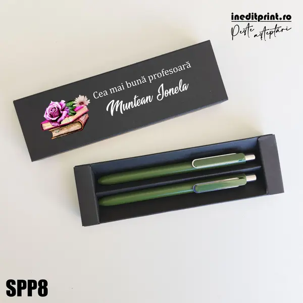 Set pixuri in cutie personalizata - profesori, Set 2 Pixuri Okonel-Negru SPP8 Set Pix + Creion Dayal-Verde inchis