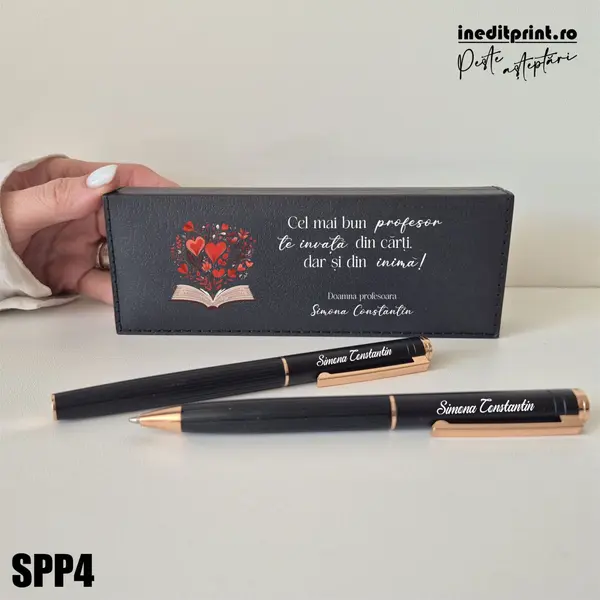 Set pixuri in cutie personalizata - profesori, Set 2 Pixuri Okonel-Negru SPP4 Set 2 Pixuri + Toc Blexa-Negru-Rose