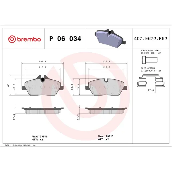 Set placute frana disc BREMBO P 06 034
