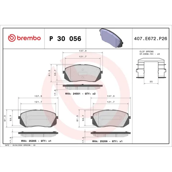 Set placute frana disc BREMBO P 30 056