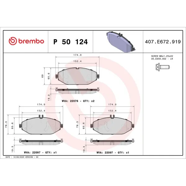 Set placute frana disc BREMBO P 50 124