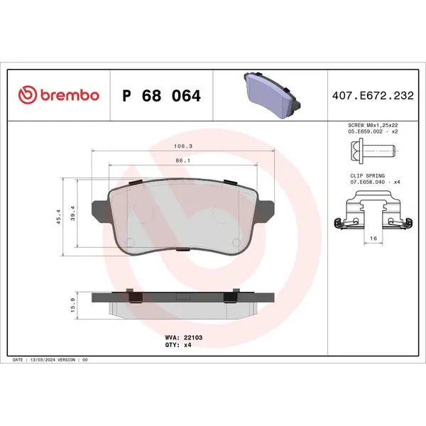 Set placute frana disc BREMBO P 68 064