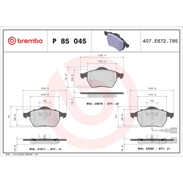 Set placute frana disc BREMBO P 85 045