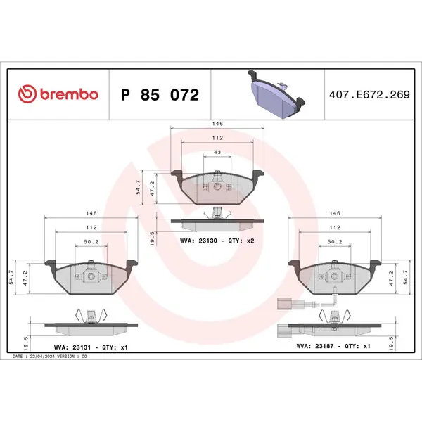 Set placute frana disc BREMBO P 85 072