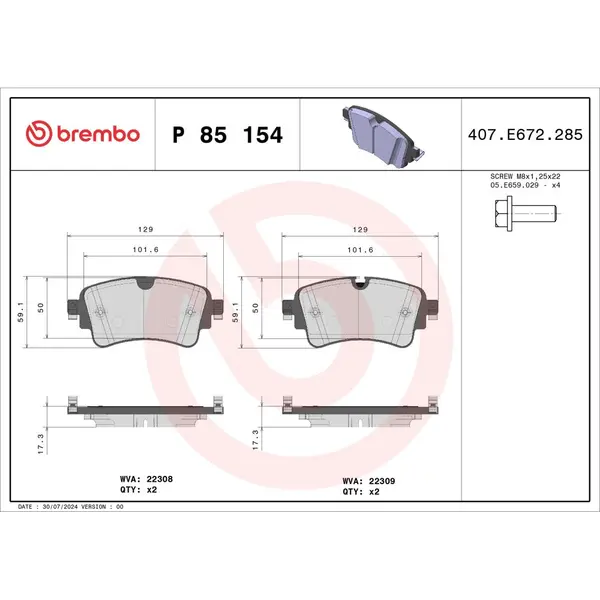 Set placute frana disc BREMBO P 85 154