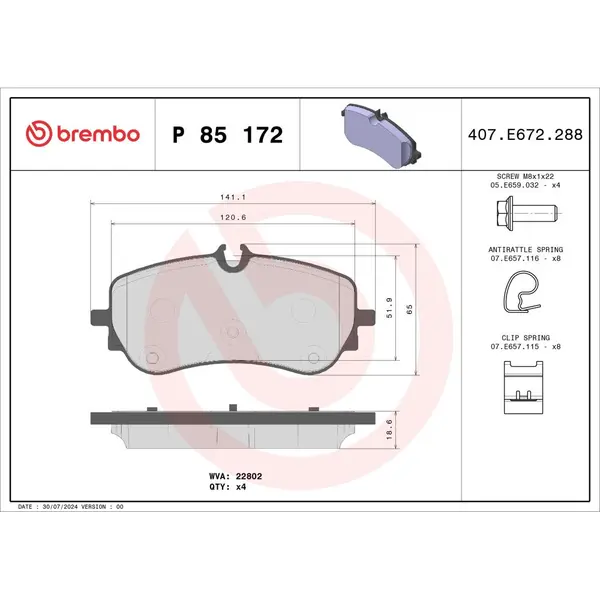 Set placute frana disc BREMBO P 85 172