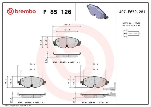 Set placute frana fata Brembo P 85 126X Audi, VW, Skoda, Seat