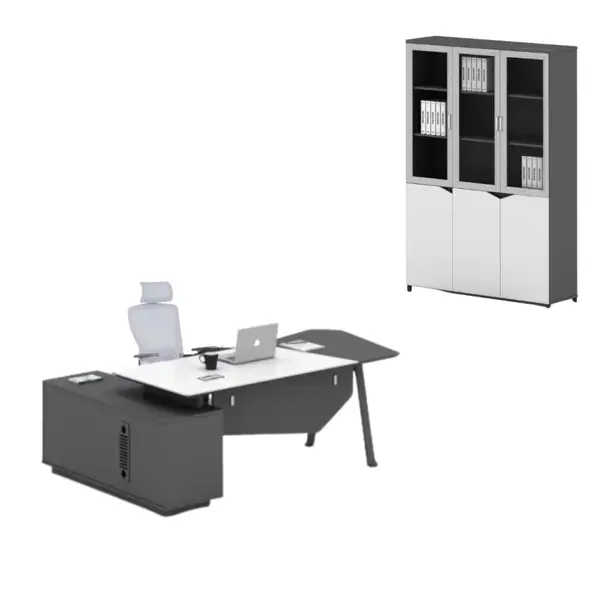 Set Platinia & LumaSeat - Birou directorial cu dulap lateral, scaun ergonomic si dulap cu usi din sticla