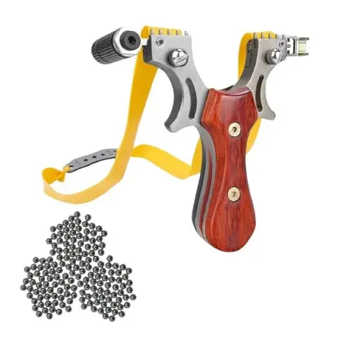 Set prastie cu lase, Sling Queen, metalic, 11.5 cm, cu boloboc, maner lemn, maro si 300 bile de 10 mm