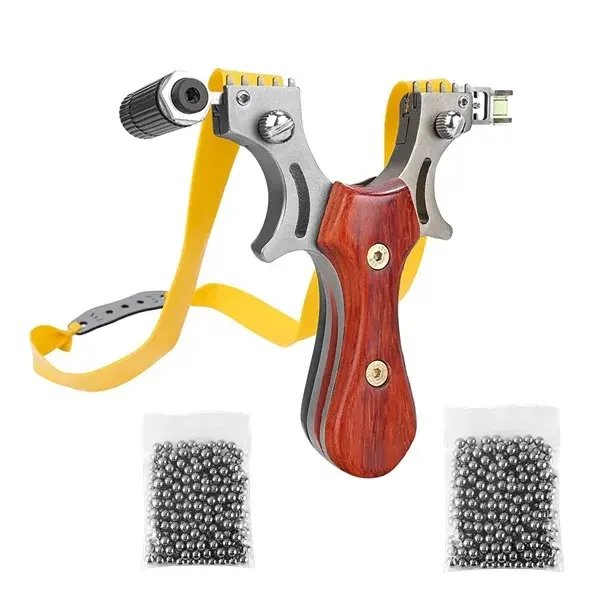 Set prastie cu laser, Sling Queen, metalic, 11.5 cm, cu boloboc, maner lemn, maro si 200 bile de 6 mm