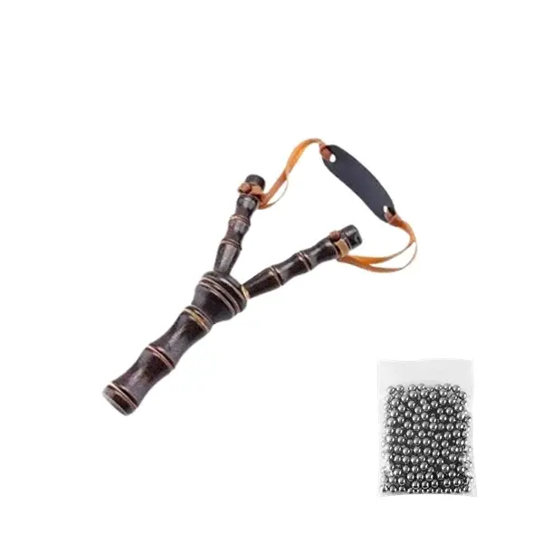 Set prastie din lemn si 100 bile metalice 10 mm pentru airsoft si prastie, 19 cm, Maro