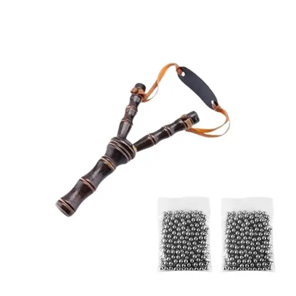 Set prastie din lemn si 200 bile metalice 8 mm pentru airsoft si prastie, 19 cm, Maro