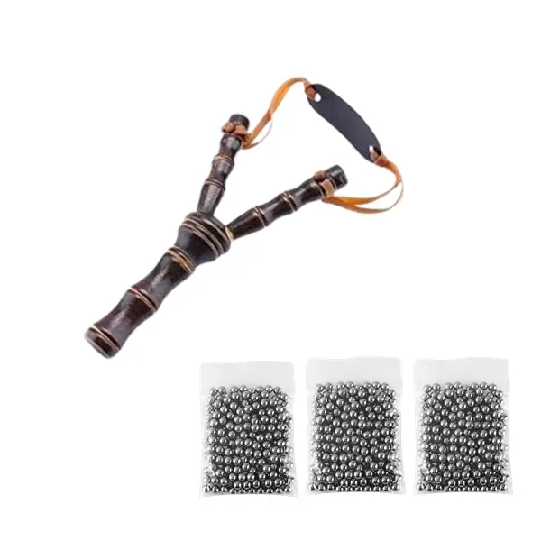 Set prastie din lemn si 300 bile metalice 9 mm pentru airsoft si prastie, 19 cm, Maro