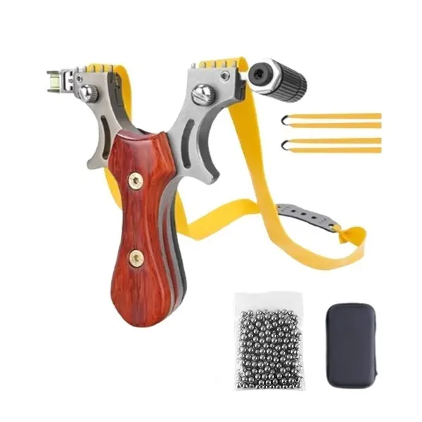 Set prastie metalica cu laser si 100 bile metalice 6 mm, 12 cm, boloboc, maner lemn, maro, husa inclusa
