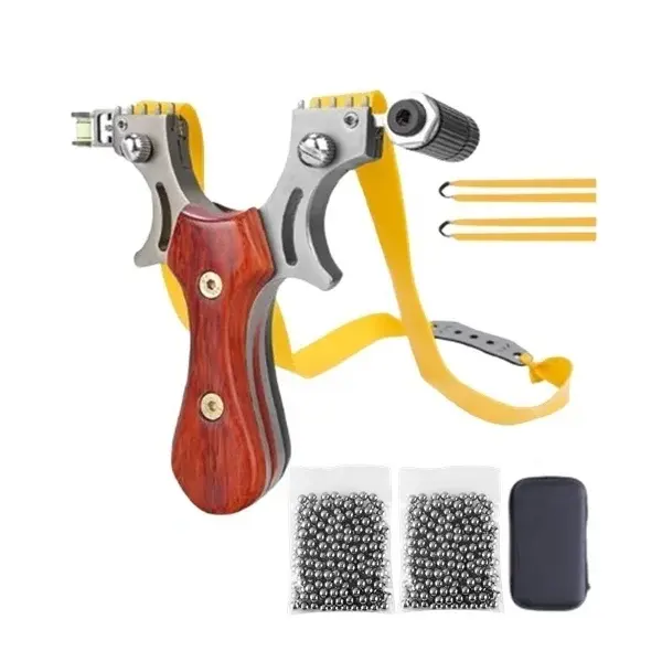 Set prastie metalica cu laser si 200 bile metalice 8 mm, 12 cm, boloboc, maner lemn, maro, husa inclusa