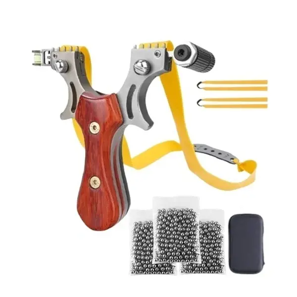 Set prastie metalica cu laser si 300 bile metalice 6 mm, 12 cm, boloboc, maner lemn, maro, husa inclusa