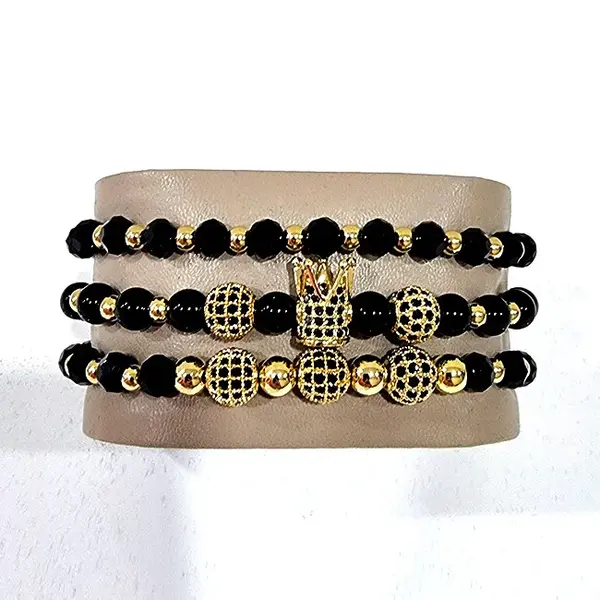 Set Prince, trei bratari unisex, cu bile din inox, cristale zirconiu si pietre artizanale, Negru/Auriu