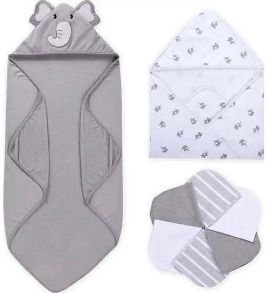 Set prosop și lavetă cu glugă Momcozy - 8 piese, gri