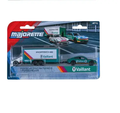 Set remorca de curse Majorette Transporter Deluxe Porsche Taycan Turbo S si masinuta Porsche 934