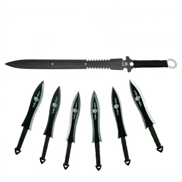 Set sabie de vanatoare Last Ronin si sase cutite de aruncat, otel inoxidabil, negru