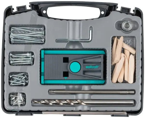 Set șablon pentru găuri unghiulare Wolfcraft - Cu accesorii, Ø12–38 mm