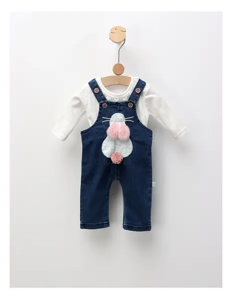 Set salopeta de blug+bluza Iepuras, alb-albastru