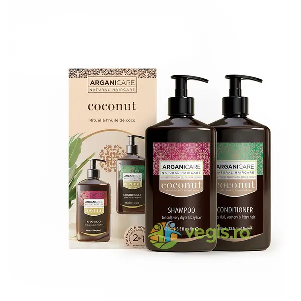 Set Sampon si Balsam pentru par Tern, foarte Uscat sau Frizzy cu Ulei de Cocos si Ulei de Argan 2x400ml